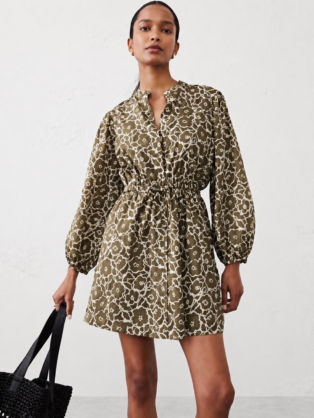 Banana Republic Floral Print Cotton Mini Shirt Dress Brown Cream Size M